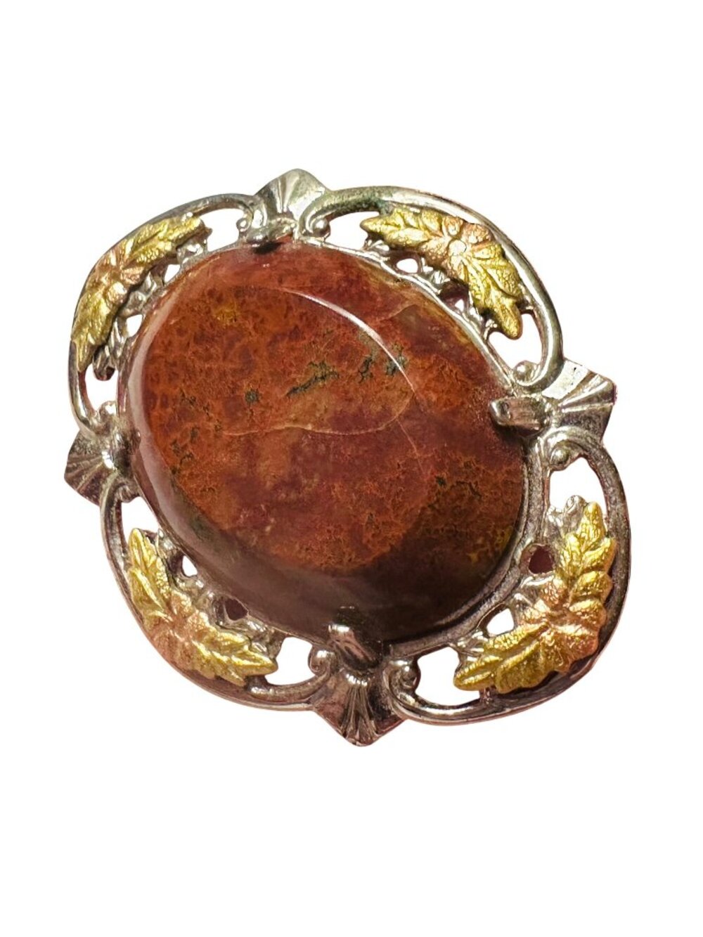Vintage LSF Sterling Silver Brooch With Brown Jasper Stone & Gold Floral Accents